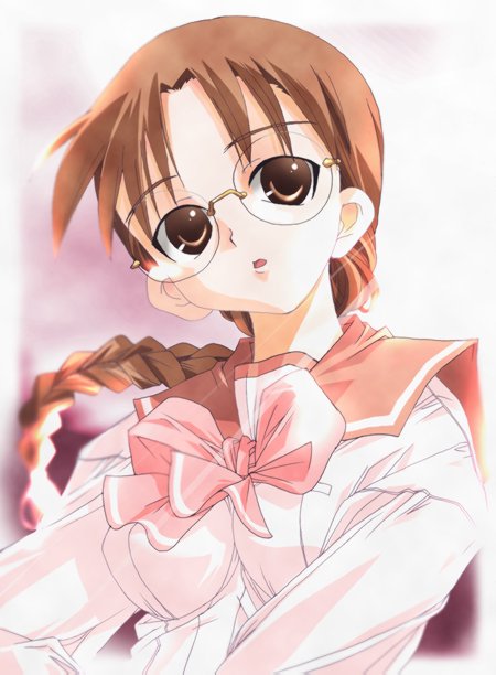 hoshina tomoko, to heart, to heart (series), 1girl, :o, bow, bowtie, braid, brown eyes, female focus, glasses, long hair, long sleeves, parted lips, pink bow, sailor collar, shirt, single braid, solo, sunlight, upper body, white shirt