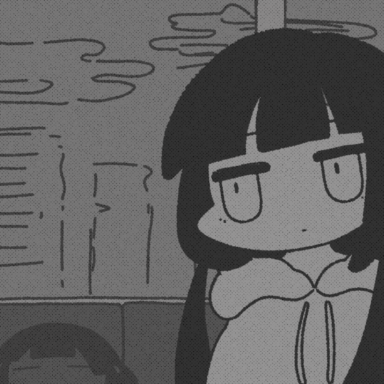hishimatope, osage (nukunuku nigirimeshi), lagtrain (vocaloid), animated, animated gif, looping animation, 1girl, arrow (symbol), blunt bangs, closed mouth, drawstring, expressionless, greyscale, hood, hood down, hoodie, long hair, low twintails, monochrome, sitting, solo, train interior, twintails, upper body