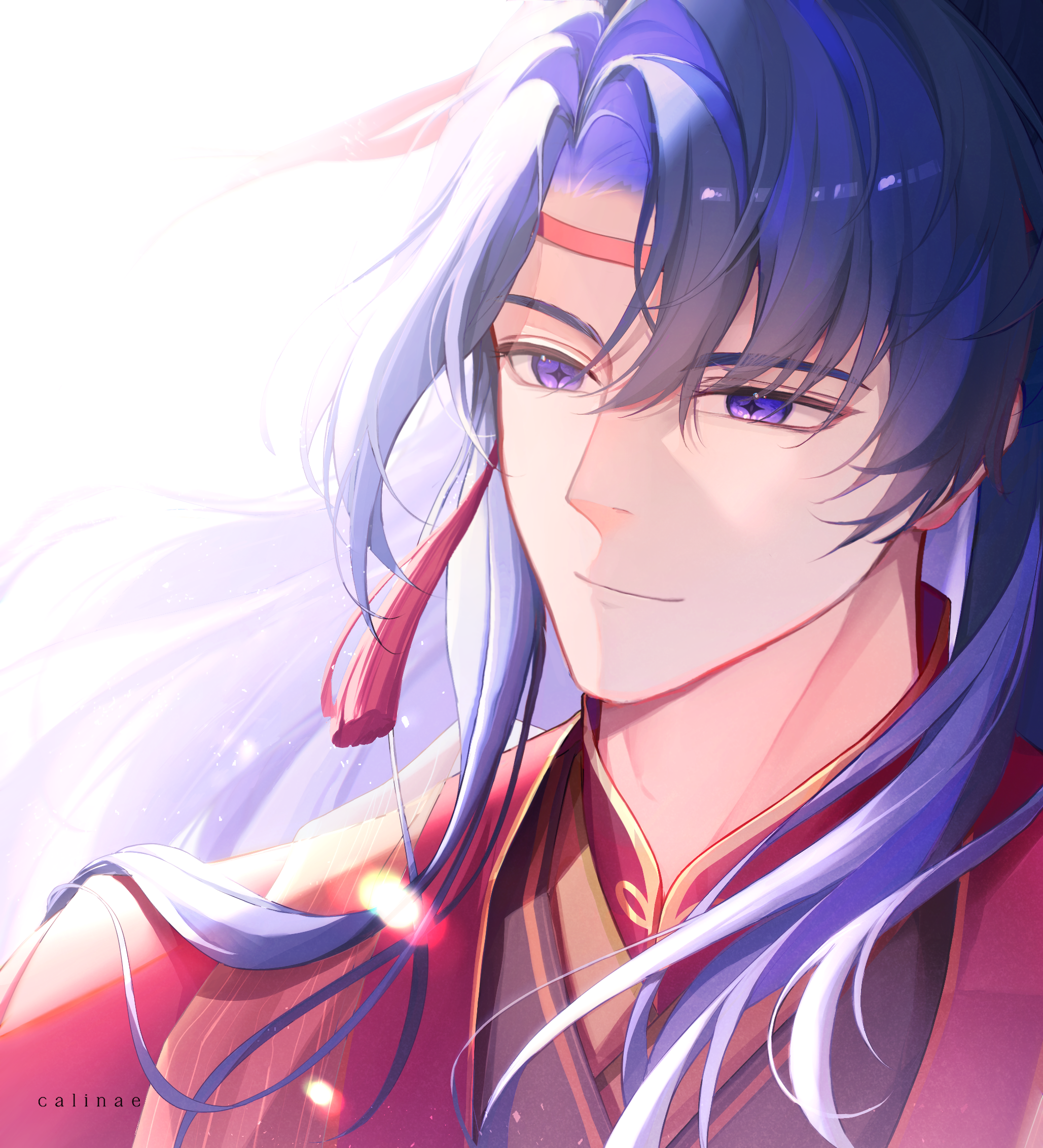 calinae, marius von hagen (tears of themis), tears of themis, commentary, highres, symbol-only commentary, 1boy, artist name, backlighting, blue hair, closed mouth, hair between eyes, headband, jacket, long hair, male focus, purple eyes, red headband, red jacket, smile, solo, upper body, white background