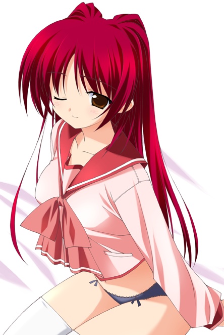 sakana (flame sakana), kousaka tamaki, to heart (series), to heart 2, jpeg artifacts, 00s, 1girl, bed, blush, bottomless, bow, bow panties, brown eyes, female focus, lace, lace-trimmed panties, lace trim, long hair, no pants, one eye closed, panties, pink bow, red hair, school uniform, serafuku, sitting, solo, thighhighs, underwear, white thighhighs, wink