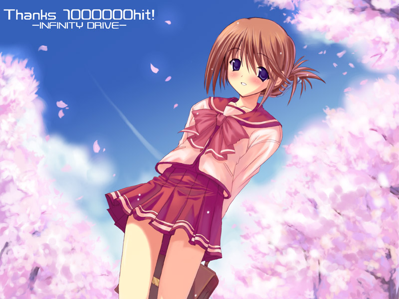 kyogoku shin, komaki manaka, to heart (series), to heart 2, duplicate, 00s, 1girl, arms behind back, bag, blue eyes, blue sky, blush, bow, breasts, briefcase, brown hair, cherry blossoms, circle name, cloud, contrail, cowboy shot, day, female focus, folded ponytail, from below, grin, hair between eyes, hair ornament, happy, holding, long sleeves, looking at viewer, milestone celebration, miniskirt, outdoors, petals, pleated skirt, pocket, red skirt, school bag, school uniform, serafuku, short hair, skirt, sky, small breasts, smile, solo, standing, thank you, tree