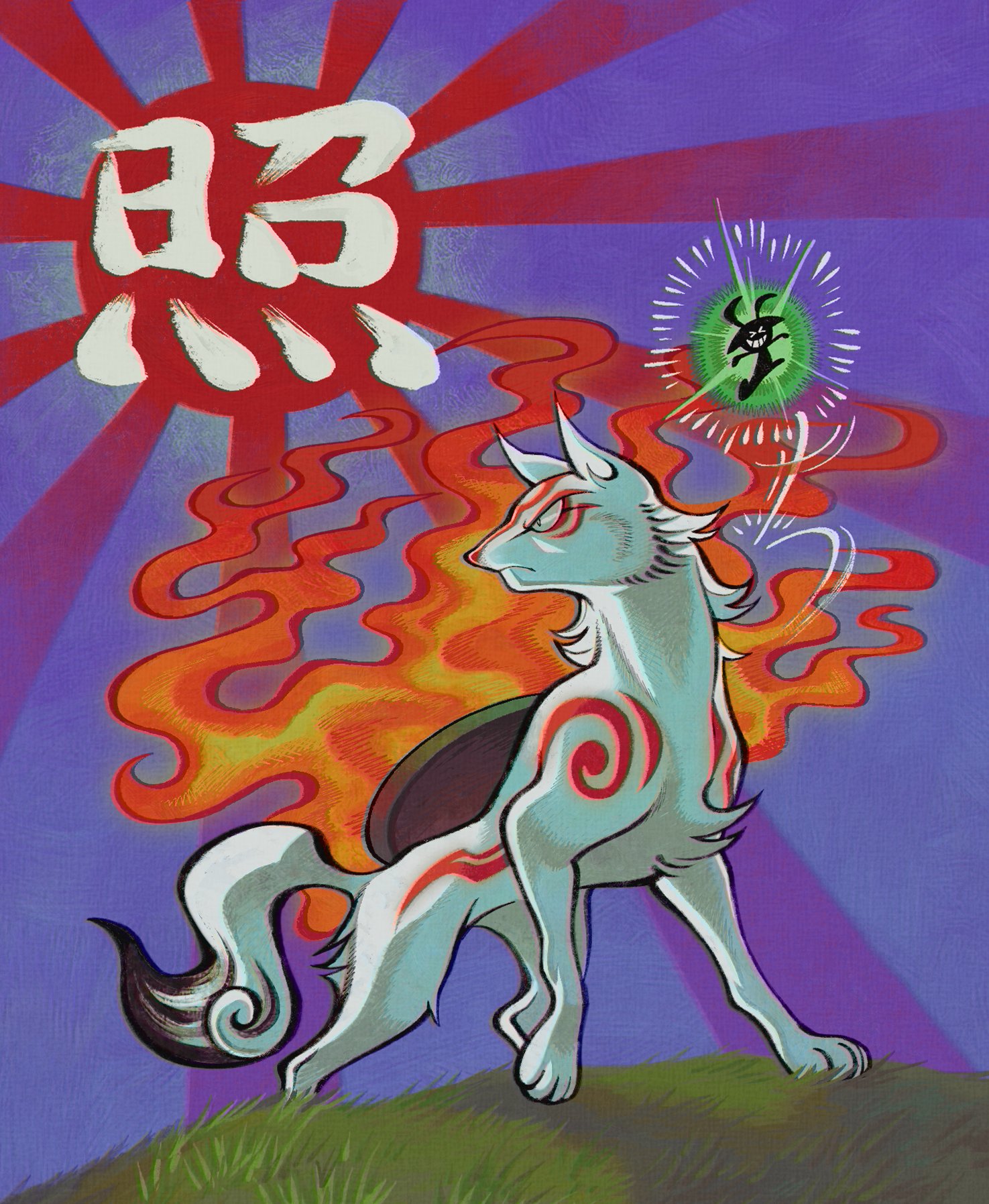 copyright request, highres, animal focus, fire, fox, grass, kitsune, no humans, roachgore, tail, white tail