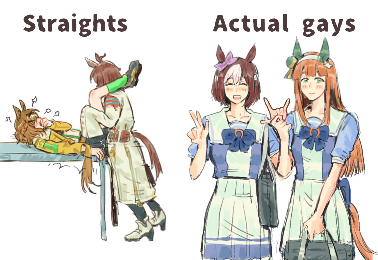 jeremr, agnes tachyon (umamusume), jungle pocket (umamusume), silence suzuka (umamusume), special week (umamusume), umamusume, commentary, hashtag-only commentary, 4girls, animal ears, bag, blue bow, blue bowtie, blue shirt, blush, bow, bowtie, braid, brown hair, closed eyes, closed mouth, coat, dry humping, english text, green eyes, half up braid, high heels, holding, holding bag, horse ears, horse girl, horse tail, humping, jacket, long hair, long sleeves, looking at viewer, medium hair, multiple girls, open mouth, orange hair, pleated skirt, school bag, school uniform, shirt, simple background, skirt, sleeves past fingers, sleeves past wrists, smile, tail, tracen school uniform, v, white background, white coat, white skirt, white streaks, yellow jacket, yuri