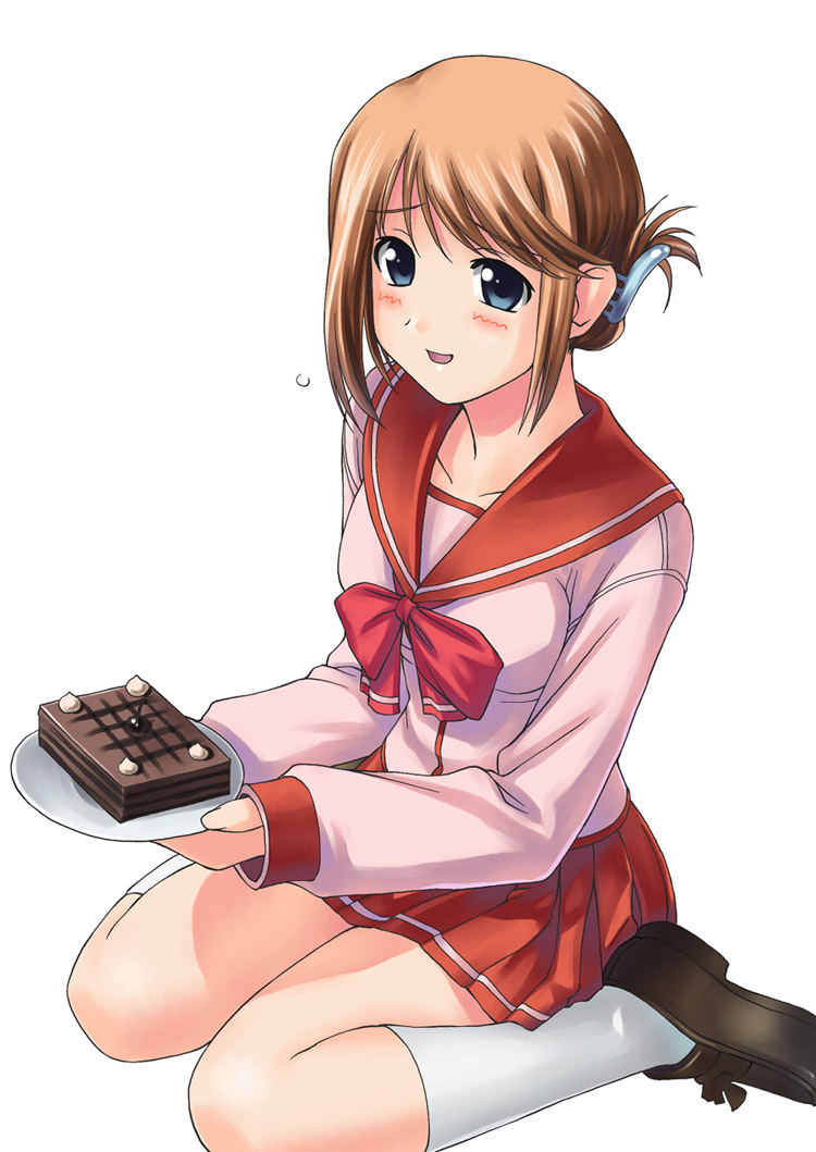tanaka shoutarou, komaki manaka, to heart (series), to heart 2, 00s, 1girl, blush, cake, chocolate, female focus, flying sweatdrops, folded ponytail, food, simple background, sitting, socks, solo, white background