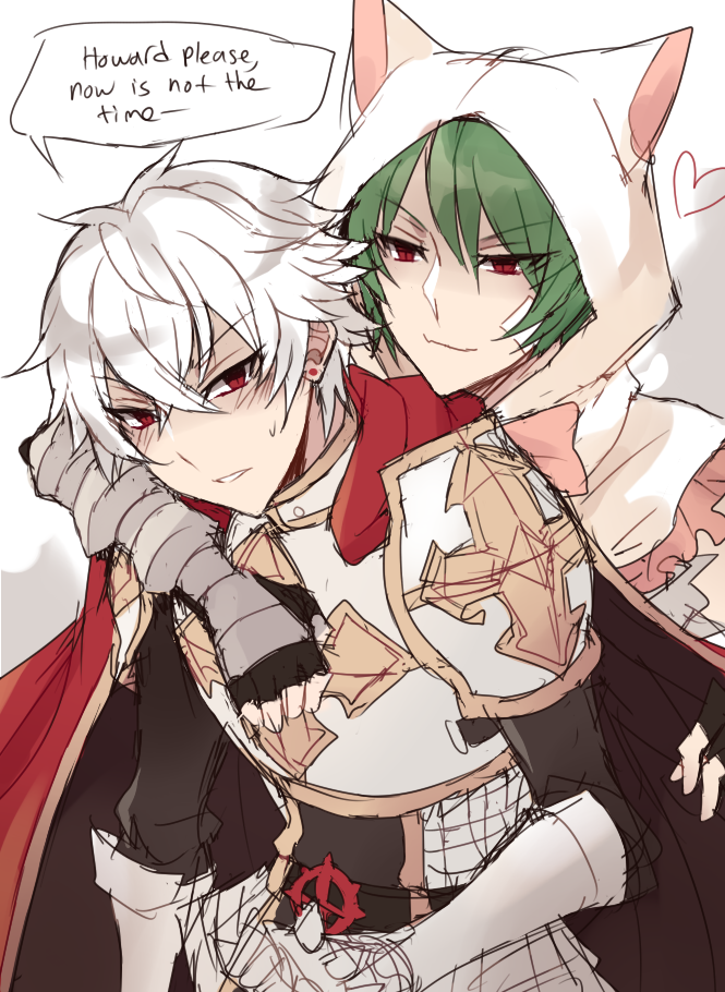 lord knight (ragnarok online), seyren windsor, whitesmith (ragnarok online), ragnarok online, commentary, english commentary, animal hood, armor, astrarunia, breastplate, cape, cat hood, chainmail, closed mouth, cross, crossed bangs, english text, green hair, heart, hood, hood up, howard alt-eisen, hug, hug from behind, looking at another, male focus, pauldrons, red cape, red eyes, short hair, shoulder armor, smile, spiked gauntlets, upper body, white hair, yaoi