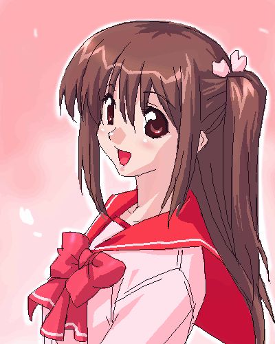 yuzuhara konomi, to heart (series), to heart 2, lowres, 00s, 1girl, :d, blush, bow, bowtie, brown eyes, brown hair, female focus, hair between eyes, looking at viewer, open mouth, pink background, sailor collar, sidelocks, simple background, smile, solo