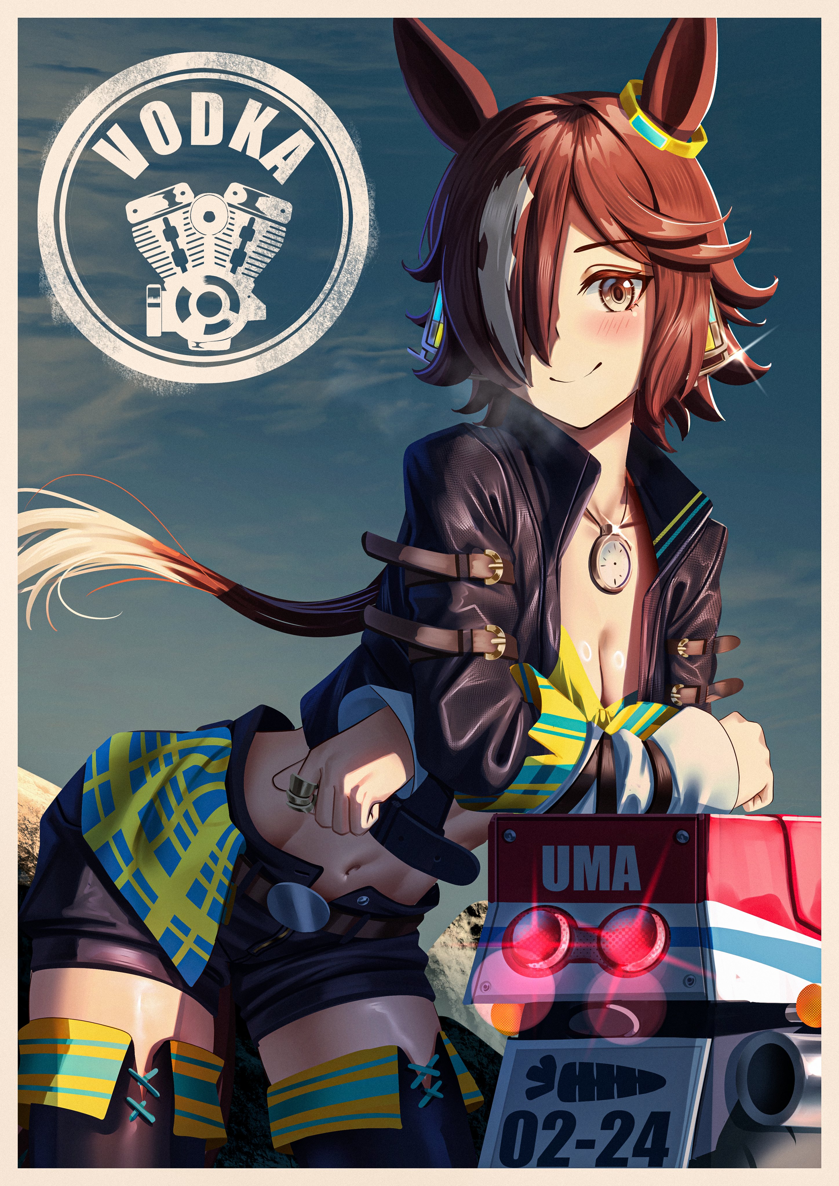 manjo (warito), vodka (umamusume), umamusume, absurdres, commentary, highres, 1girl, animal ears, black boots, black jacket, black shorts, blue sky, blush, boots, breasts, brown eyes, brown hair, character name, cleavage, closed mouth, cloud, collarbone, day, floating hair, fold-over boots, glint, hair over one eye, horse ears, jacket, leaning forward, long hair, long sleeves, looking at viewer, low ponytail, medium breasts, multicolored hair, open clothes, open jacket, outdoors, ponytail, short shorts, shorts, sky, smile, solo, thigh boots, two-tone hair, very long hair, white hair