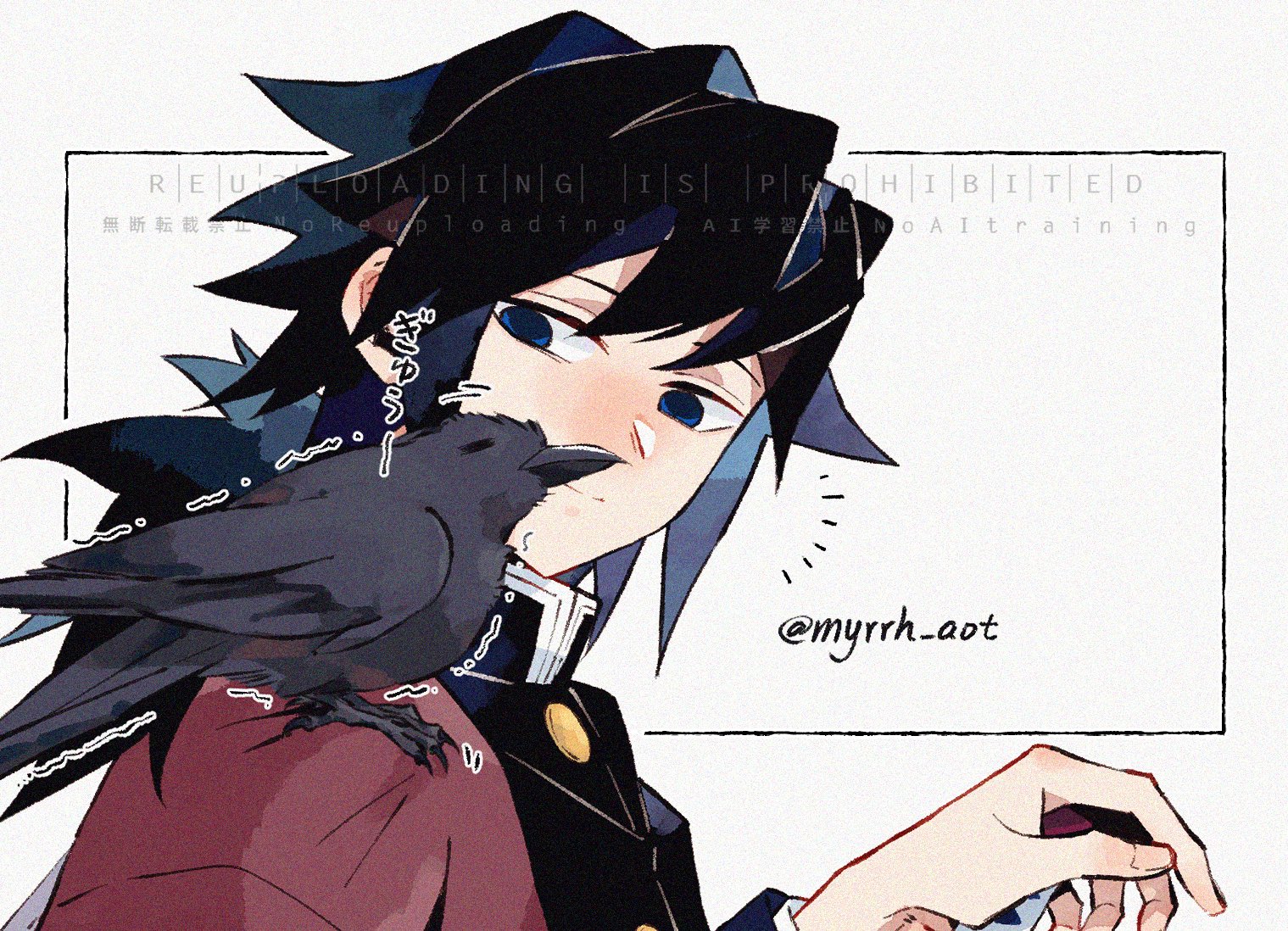 kanzaburou (kimetsu no yaiba), tomioka giyuu, kimetsu no yaiba, 1boy, animal, animal on shoulder, bird, bird on shoulder, black hair, black jacket, blue eyes, buttons, closed mouth, crow, demon slayer uniform, empty eyes, english text, hand up, haori, jacket, japanese clothes, long hair, looking at animal, low ponytail, male focus, myrrh aot, ponytail, red haori, smile, solo, spiked hair, twitter username, watermark