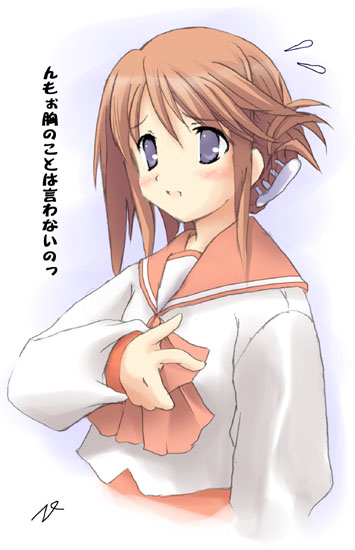mizoguchi keiji, komaki manaka, to heart (series), to heart 2, 00s, 1girl, blush, brown hair, female focus, flying sweatdrops, folded ponytail, hand on own chest, long sleeves, parted lips, purple eyes, sailor collar, school uniform, serafuku, solo, standing