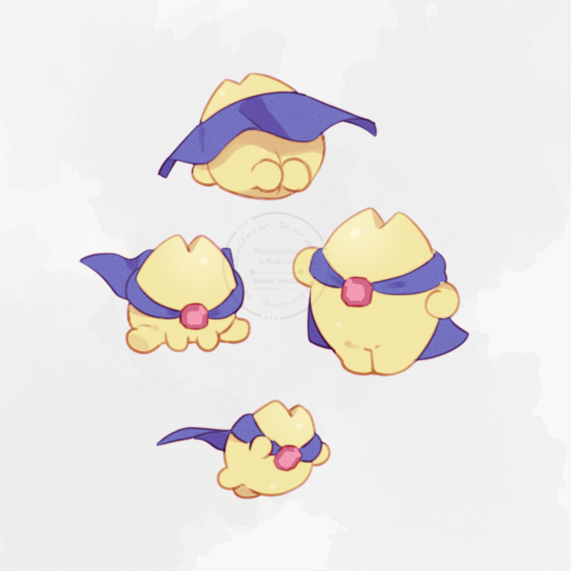 okayu (headless), starman (kirby), kirby (series), kirby air ride, kirby air riders, nintendo, highres, arm up, blue cloak, cloak, colored skin, flying, grey background, jewelry, multiple views, no humans, simple background, sitting, standing, yellow skin