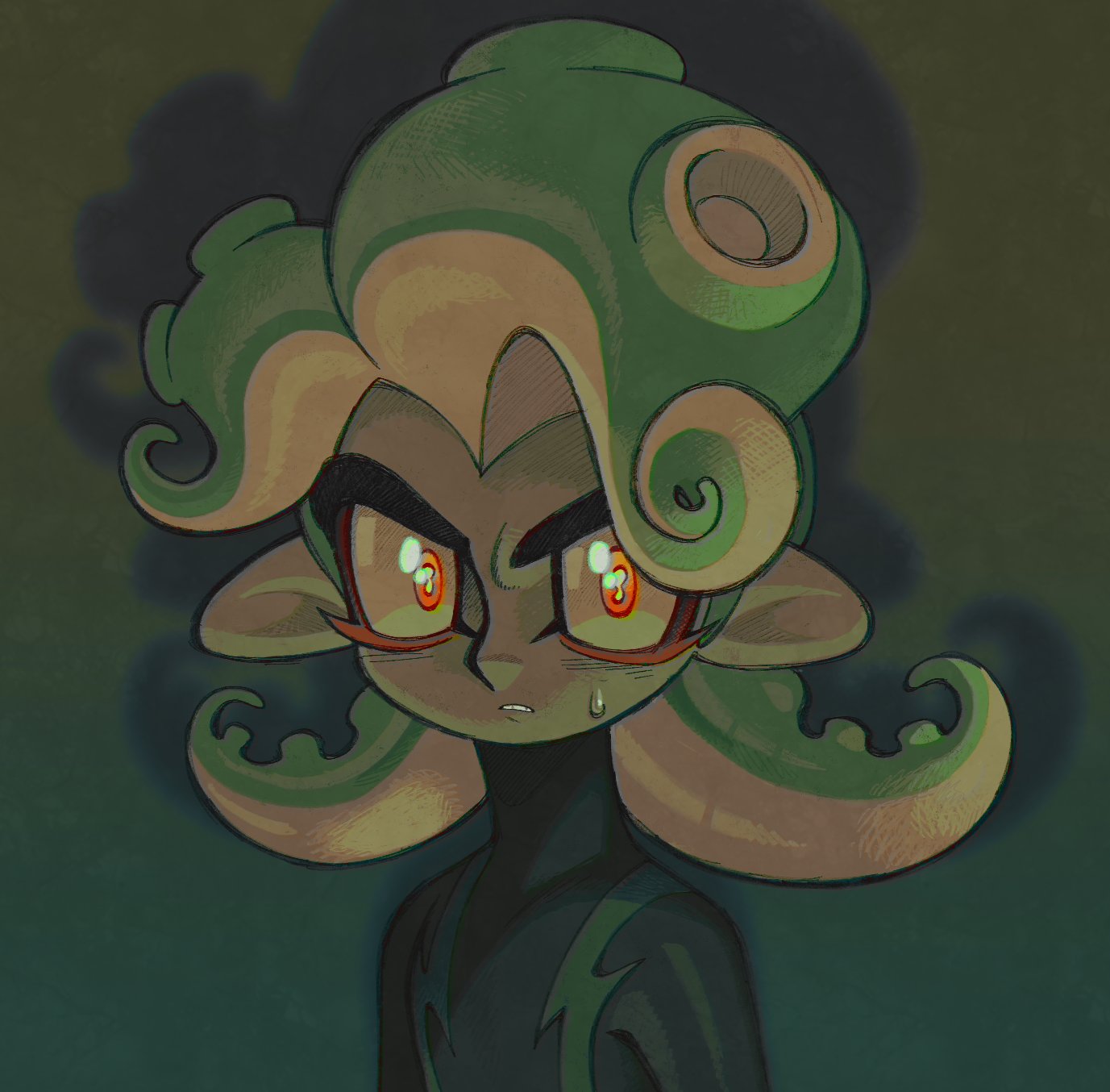 nintendo, splatoon (series), character request, highres, 1950s (style), cephalopod eyes, deformed, eyeliner, faux retro artstyle, makeup, octoling, pointy ears, roachgore, solo, suction cups, tentacle hair