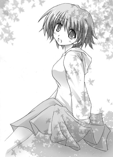 tonami yuma, to heart (series), to heart 2, 00s, 1girl, female focus, greyscale, monochrome, open mouth, short hair, skirt, solo, sweater