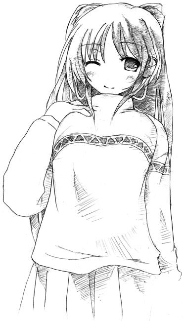 kousaka tamaki, to heart (series), to heart 2, 00s, 1girl, blush, breast suppress, female focus, from below, greyscale, hand on another's chest, long hair, monochrome, one eye closed, outline, solo, turtleneck, wink
