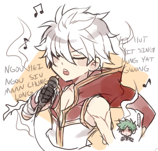 champion (ragnarok online), creator (ragnarok online), ragnarok online, commentary, english commentary, translated, 2boys, astrarunia, black gloves, chen lio, closed eyes, closed mouth, coat, flamel emure, gloves, holding, holding microphone, hood, hood down, hooded coat, male focus, microphone, multicolored coat, multiple boys, musical note, open mouth, orange background, pinyin text, red coat, short hair, sleeveless, sleeveless coat, solo focus, two-tone coat, upper body, white background, white coat, white hair