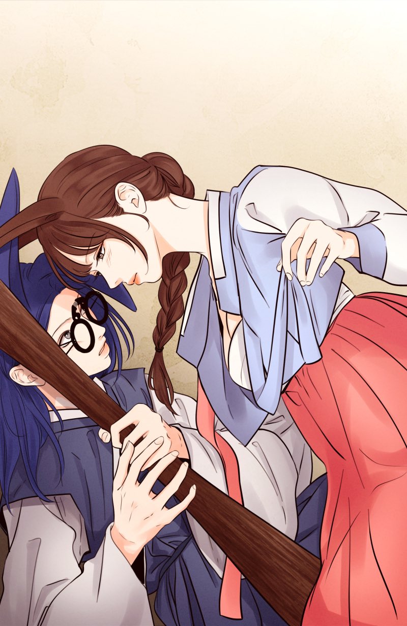 commentary request, highres, korean commentary, 2girls, animal ears, black-framed eyewear, blue jacket, braid, brown hair, closed mouth, dress, expressionless, eye contact, gradient background, holding, jacket, long hair, long skirt, looking at another, low-braided long hair, low-tied long hair, multiple girls, negative space, open clothes, open jacket, purple dress, purple hair, red lips, red skirt, round eyewear, shirt, show me your bust, single braid, skirt, sleeveless, sleeveless dress, sleeveless jacket, team gaji, white shirt, yuri