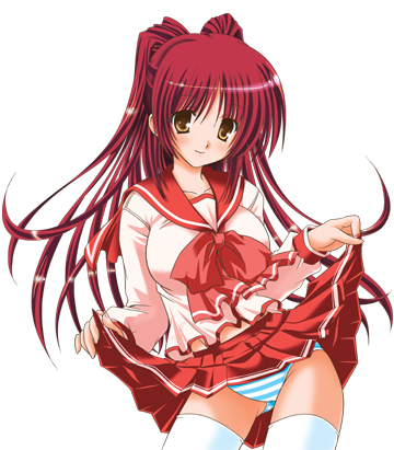 kousaka tamaki, to heart (series), to heart 2, lowres, 00s, blue panties, bow, brown eyes, clothes lift, curtsey, lifting own clothes, long hair, miniskirt, panties, pleated skirt, red hair, school uniform, serafuku, skirt, skirt lift, solo, standing, thighhighs, underwear, white thighhighs