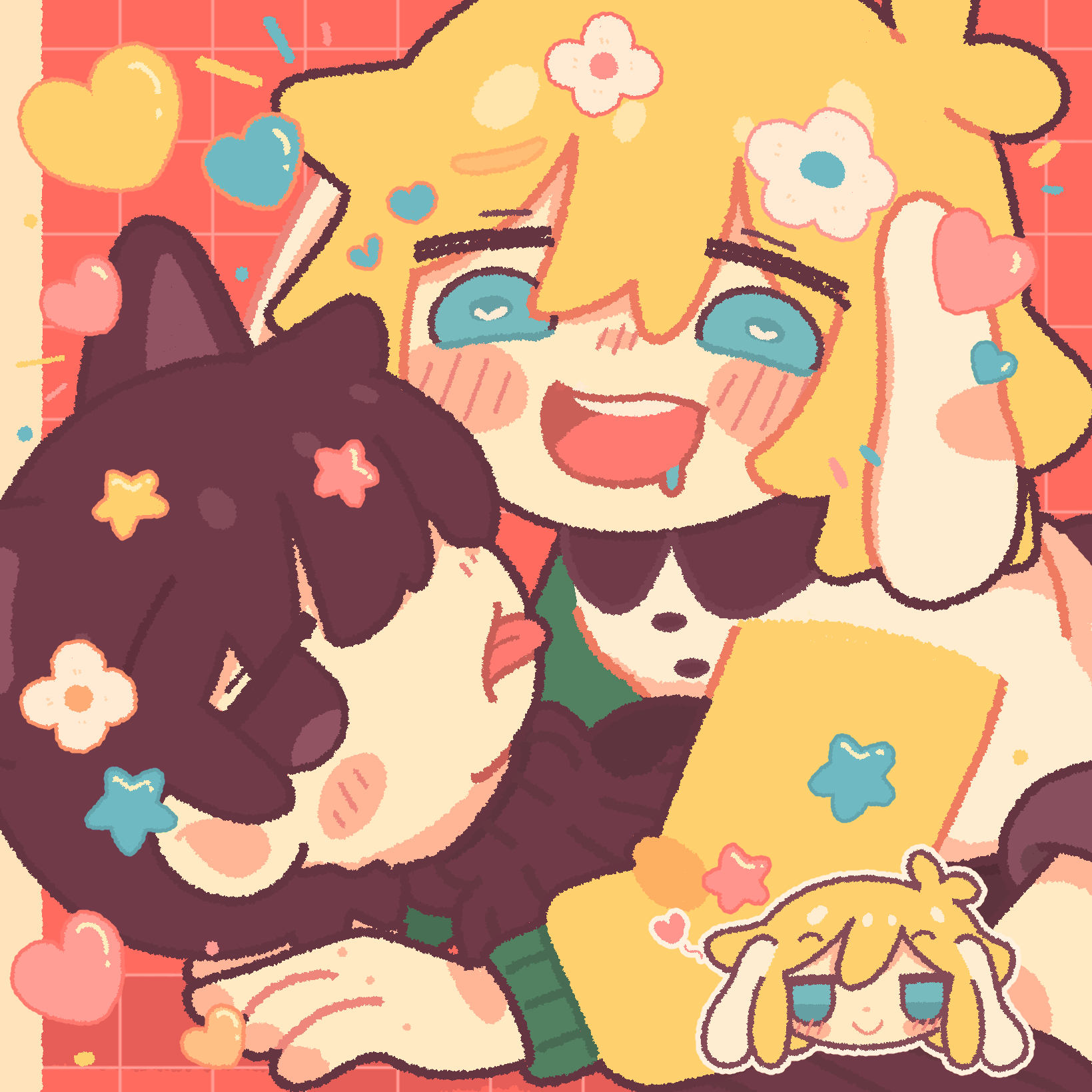hishimatope, basil (faraway) (omori), basil (omori), sunny (omori), omori, highres, 2boys, alternate costume, animal ears, antenna hair, black eyes, black hair, blue eyes, blush, cat boy, cat ears, drooling, flower, hair flower, hair ornament, heart, heart-shaped pupils, kemonomimi mode, long sleeves, looking at another, male focus, multiple boys, open mouth, rabbit boy, rabbit girl, short hair, smile, symbol-shaped pupils, teeth, tongue, tongue out, upper teeth only, yaoi