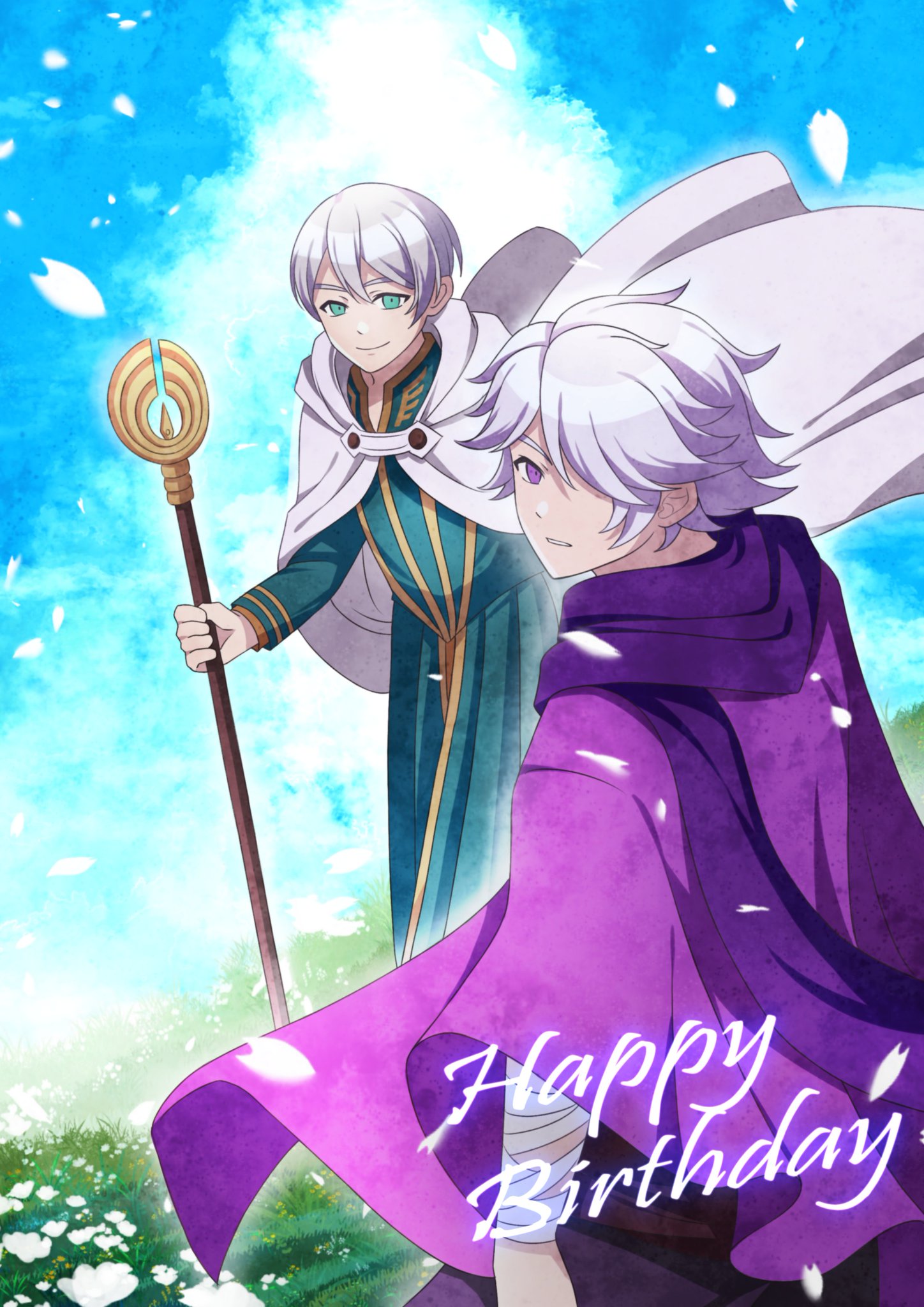 fuwafuwallen, temenos mistral, therion (octopath traveler), octopath traveler, octopath traveler i, octopath traveler ii, commentary, english commentary, highres, 2boys, aqua eyes, blue sky, cape, cloak, closed mouth, cloud, falling petals, happy birthday, holding, holding staff, looking at viewer, looking back, male focus, multiple boys, on grass, outdoors, petals, purple cloak, purple eyes, short hair, sky, smile, staff, standing, white cape, white hair