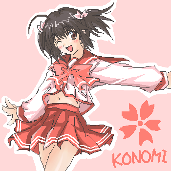 yuzuhara konomi, to heart (series), to heart 2, lowres, 00s, 1girl, ;d, bow, bowtie, brown eyes, brown hair, character name, female focus, looking at viewer, navel, one eye closed, open mouth, outstretched arm, sailor collar, school uniform, smile, solo
