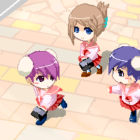 himeyuri ruri, himeyuri sango, komaki manaka, to heart (series), to heart 2, lowres, 00s, 3girls, bag, blue eyes, blush, bun cover, chibi, chibi only, folded ponytail, full body, handbag, multiple girls, outdoors, outstretched arm, pleated skirt, red eyes, red skirt, road, sailor collar, school uniform, short hair, siblings, sisters, skirt, stone floor, street, twins