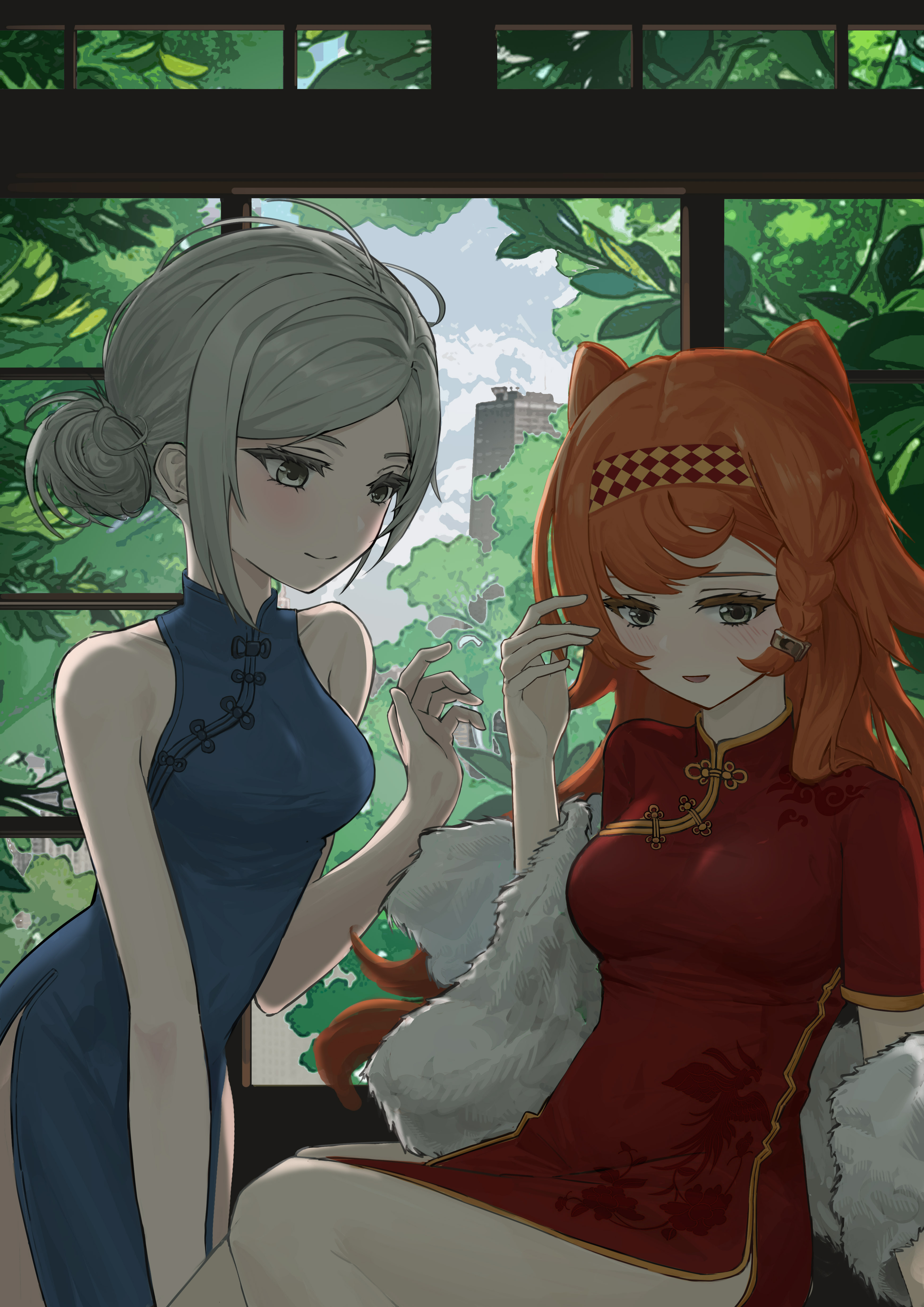sonetto (reverse:1999), vertin (reverse:1999), reverse:1999, absurdres, highres, 2girls, :d, alternate costume, backlighting, bare arms, bare shoulders, blue dress, blue sky, braided sidelock, breasts, china dress, chinese clothes, chuncui zhisi, closed mouth, cloud, day, dress, feather boa, green eyes, grey eyes, grey hair, hair bun, hand up, indoors, leaf, long hair, looking at another, medium breasts, multiple girls, open mouth, orange hair, pelvic curtain, red dress, short hair, short sleeves, single side bun, sitting, sky, sleeveless, sleeveless dress, smile, tree, two side up, upper body, window