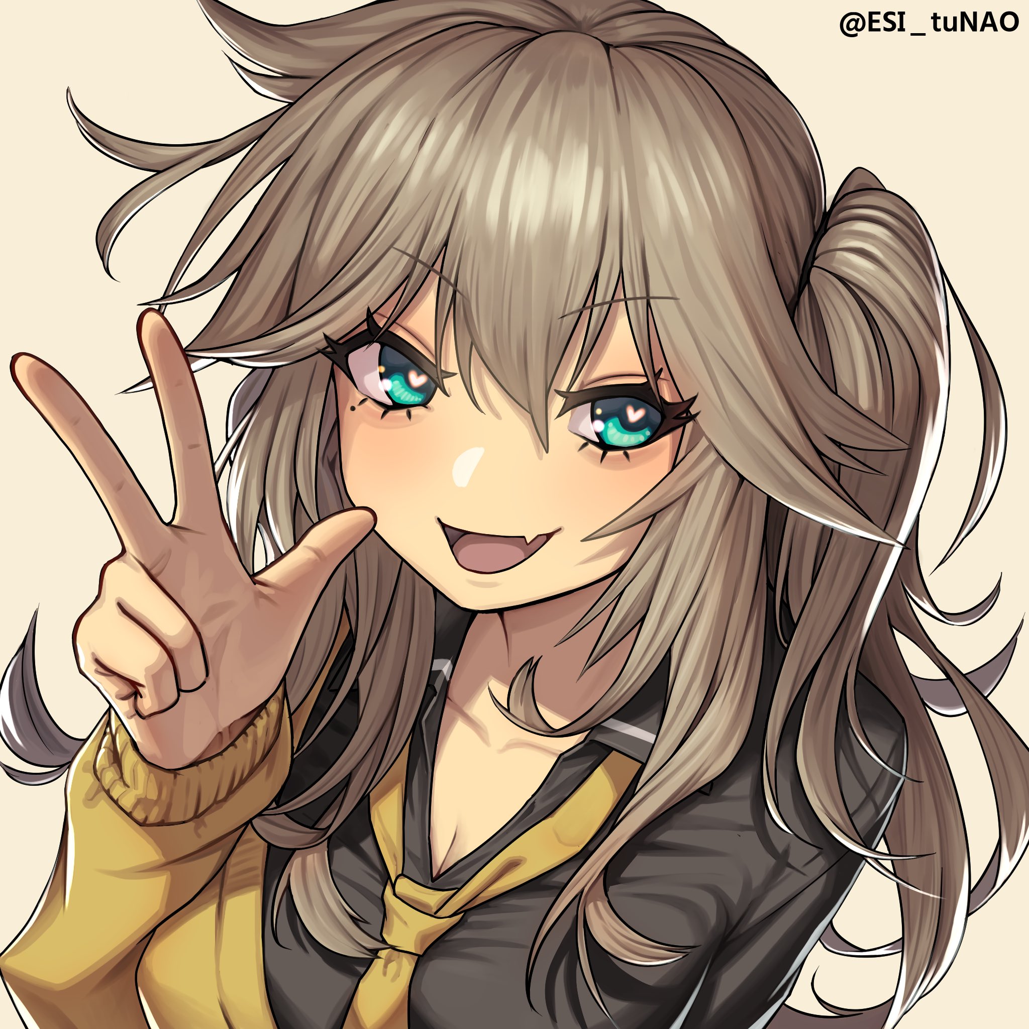 tunao, kasukabe tsumugi, voicevox, commentary request, highres, 1girl, :d, black shirt, blue eyes, breasts, brown background, brown cardigan, brown hair, brown necktie, cardigan, cleavage, collarbone, collared shirt, dress shirt, fang, hair between eyes, hand up, heart, heart-shaped pupils, long hair, looking at viewer, medium breasts, necktie, one side up, open mouth, school uniform, shirt, simple background, smile, solo, symbol-shaped pupils, twitter username, upper body, w
