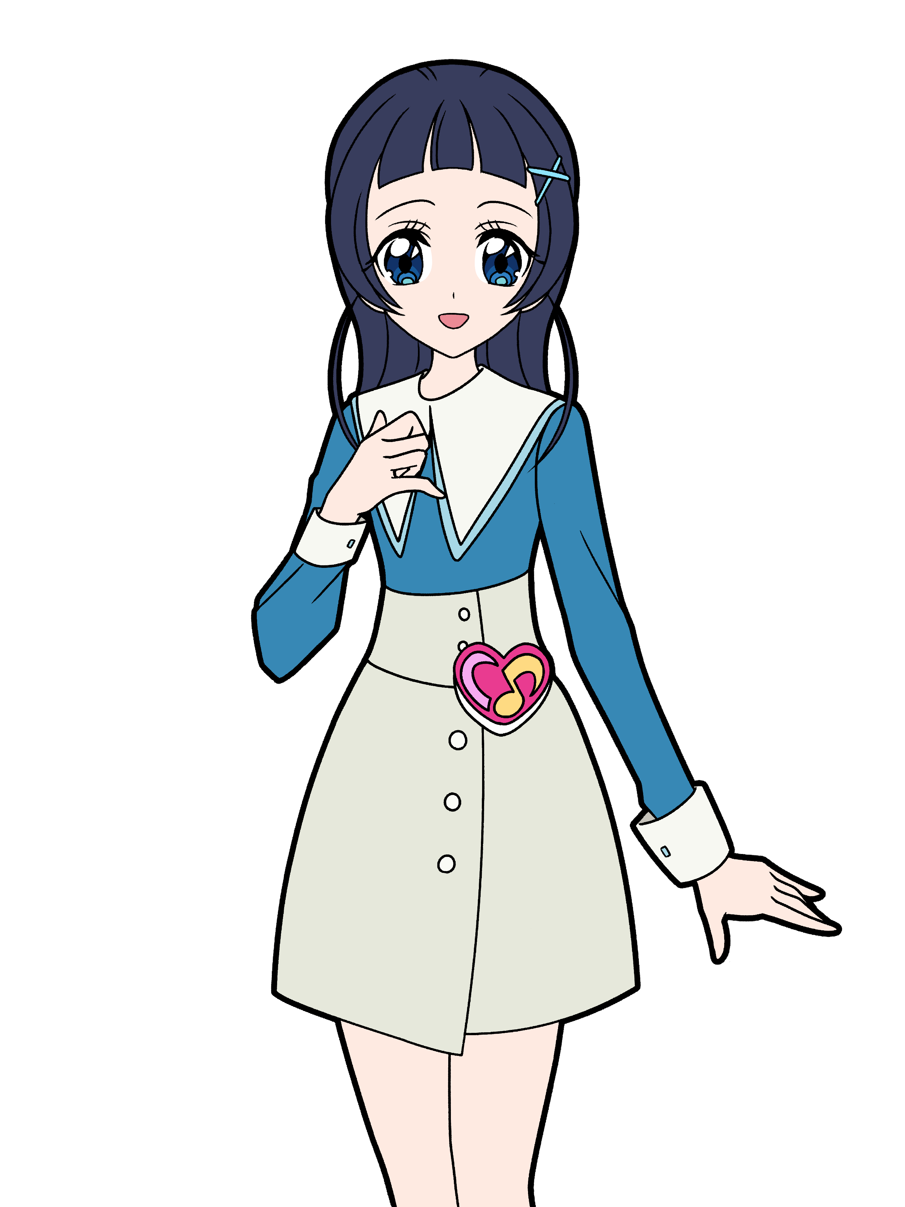 masami 01st, aokaze nana, kimi to idol precure, precure, absurdres, commentary, highres, 1girl, :d, arched bangs, bare legs, blue eyes, blue hair, blue shirt, brooch, collared shirt, contrast collar, cowboy shot, dot nose, grey skirt, hair ornament, hand on own chest, heart, heart brooch, high-waist skirt, idol heart brooch, jewelry, legs together, long hair, long sleeves, looking at viewer, open mouth, shirt, simple background, skirt, sleeve cuffs, smile, solo, standing, white background, white sleeve cuffs, x hair ornament