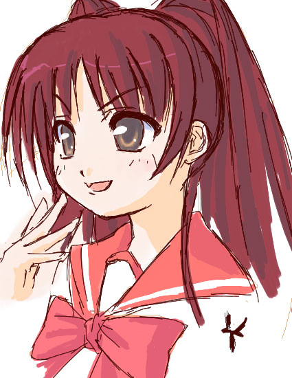 kousaka tamaki, yuzuhara konomi, to heart (series), to heart 2, 00s, 1girl, :d, blush, bow, bowtie, brown eyes, female focus, hand on own face, open mouth, red hair, simple background, smile, solo, twintails, upper body, white background