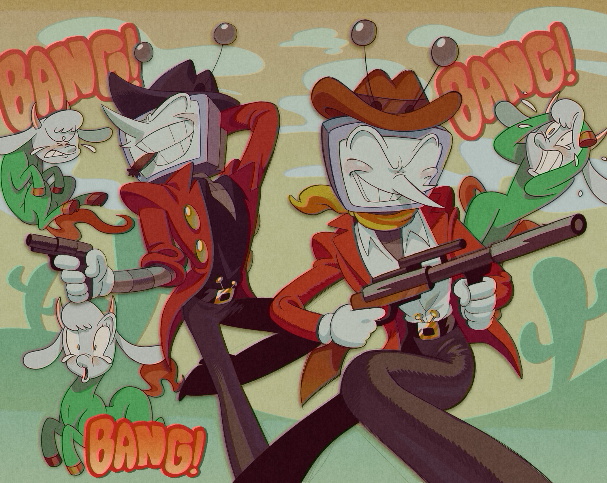 ant tenna, ant tenna (shootout), ralsei, ralsei rancher, deltarune, utdr (toby fox), highres, 1950s (style), belt, belt buckle, buckle, cowboy hat, crt, gloves, gun, hat, holding, holding gun, holding weapon, humanoid robot, long nose, male focus, multiple boys, object head, pants, pointy nose, roachgore, robot, shirt, smile, weapon