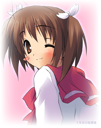 kantoku, yuzuhara konomi, to heart (series), to heart 2, lowres, 00s, blush, blush stickers, one eye closed, school uniform, serafuku, solo, wink