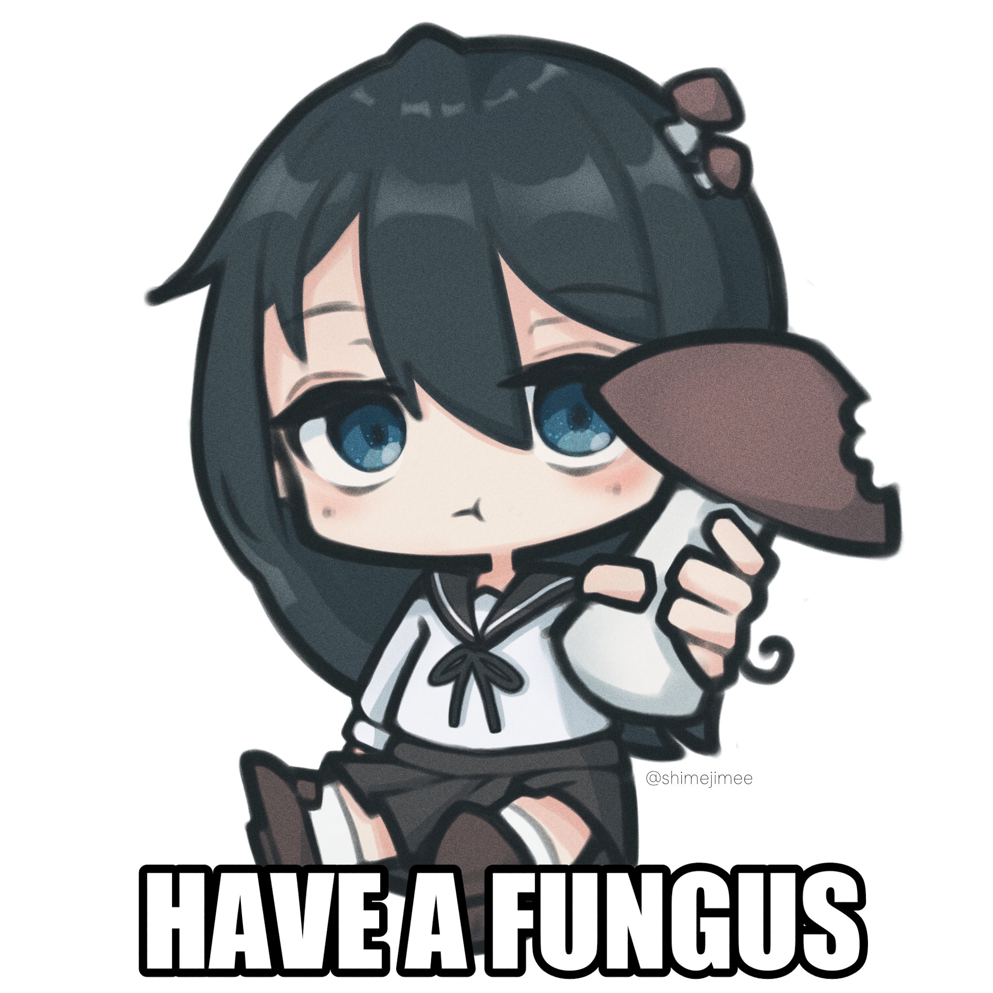 shimejimee, tsukishima shijima, shimeji simulation, highres, 1girl, bitten, black hair, black ribbon, black sailor collar, black skirt, blue eyes, brown shoes, chibi, chibi only, closed mouth, english text, expressionless, hair between eyes, holding, holding mushroom, image macro (meme), impact (font), light blush, long hair, looking at viewer, meme, mushroom, mushroom on head, pleated skirt, ribbon, sailor collar, school uniform, serafuku, shoes, sitting, skirt, socks, solo, twitter username, white serafuku, white socks