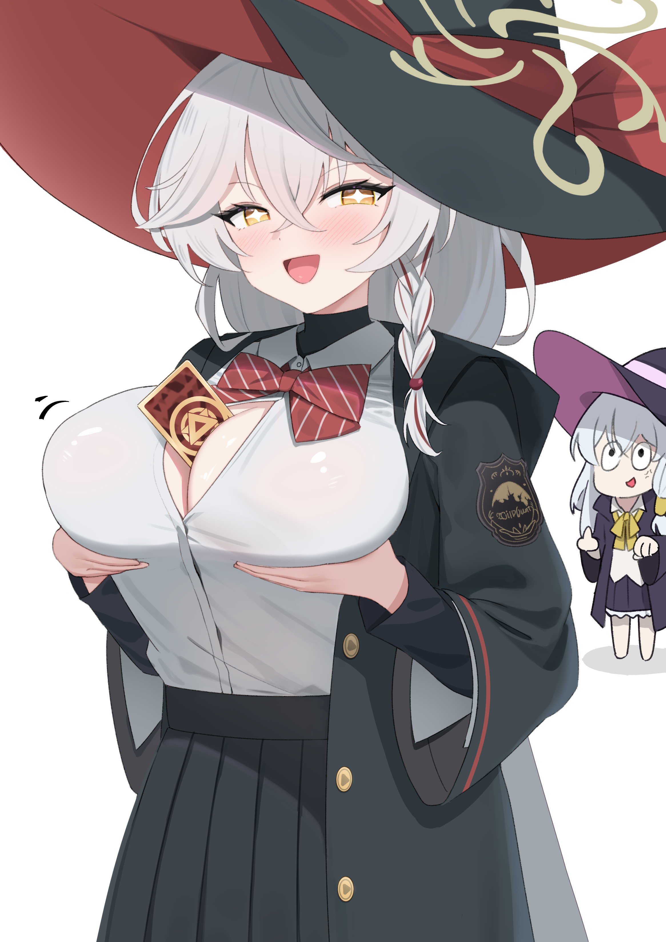 jinmuxi (user pvha4443), elaina (majo no tabitabi), eri (blue archive), blue archive, majo no tabitabi, absurdres, commentary, highres, 2girls, anger vein, between breasts, black jacket, black skirt, blush, bow, bowtie, braid, breast lift, breasts, button gap, buttons, card, cleavage, collared shirt, crossed bangs, diagonal-striped bow, grabbing own breast, hair between eyes, halo, hands up, hat, jacket, large breasts, long hair, long sleeves, looking at viewer, middle finger, multicolored hair, multiple girls, open clothes, open jacket, open mouth, pleated skirt, red bow, red bowtie, red trim, shirt, shirt tucked in, side halo, simple background, single braid, skirt, smile, sparkling eyes, standing, streaked hair, striped bow, two-sided fabric, two-sided headwear, unbuttoned jacket, very long hair, white background, white hair, white shirt, wild hunt academy of arts logo, witch, witch hat, yellow eyes, yellow halo
