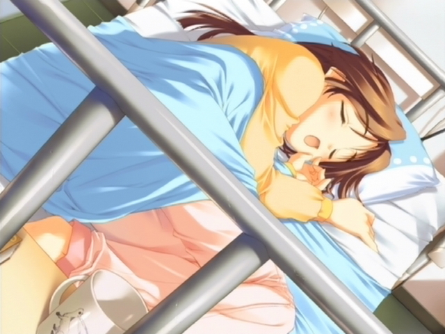 komaki ikuno, to heart (series), to heart 2, game cg, 00s, 1girl, barefoot, bed, brown hair, closed eyes, female focus, lying, on side, open mouth, pajamas, sleeping, solo