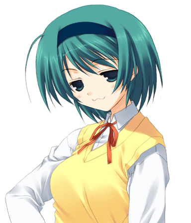 amazuyu tatsuki, yoshioka chie, to heart (series), to heart 2, lowres, 00s, 1girl, :3, female focus, green eyes, green hair, hairband, matching hair/eyes, smug, solo, transparent background