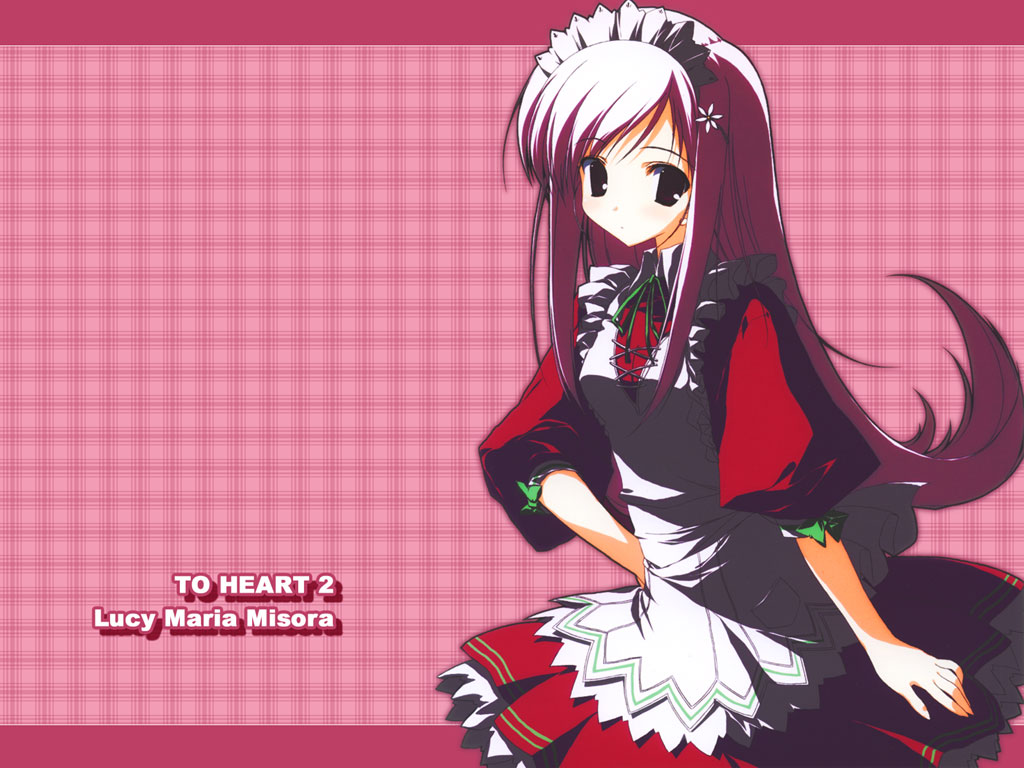lucy maria misora, to heart (series), to heart 2, 00s, 1girl, apron, black eyes, character name, copyright name, expressionless, female focus, flipped hair, hair ornament, hairclip, hairpin, hand on own hip, long hair, looking at viewer, maid, maid apron, maid headdress, neck ribbon, pink hair, puffy sleeves, red eyes, ribbon, solo, waitress