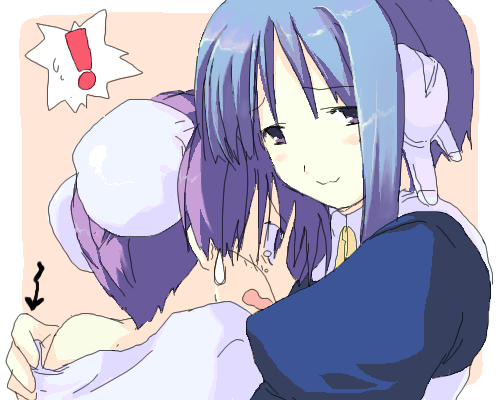 himeyuri ruri, ilfa (to heart), to heart (series), to heart 2, lowres, 00s, 2girls, arrow (symbol), blue hair, blush, bun cover, headgear, hug, multiple girls, open mouth, purple eyes, purple hair, robot ears, short hair with long locks, smile, sweatdrop, tears, undressing, upper body, wavy mouth