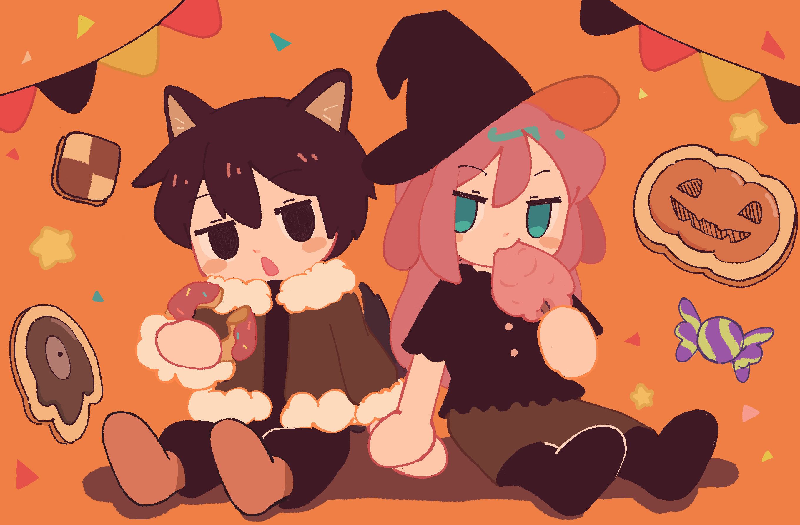 hishimatope, aubrey (faraway) (omori), aubrey (omori), something (omori), sunny (omori), omori, highres, 1boy, 1girl, alternate costume, animal ears, black pants, black socks, blue eyes, brown coat, brown socks, character cookie, closed mouth, coat, donut, food, halloween costume, holding, holding donut, holding food, holding hands, kemonomimi mode, looking at another, open mouth, pants, pink hair, socks, tail, wolf boy, wolf ears, wolf tail
