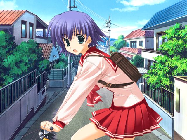 tonami yuma, to heart (series), to heart 2, 00s, 1girl, backpack, bag, bicycle, female focus, fence, house, pleated skirt, power lines, riding, road, school uniform, serafuku, skirt, solo, street