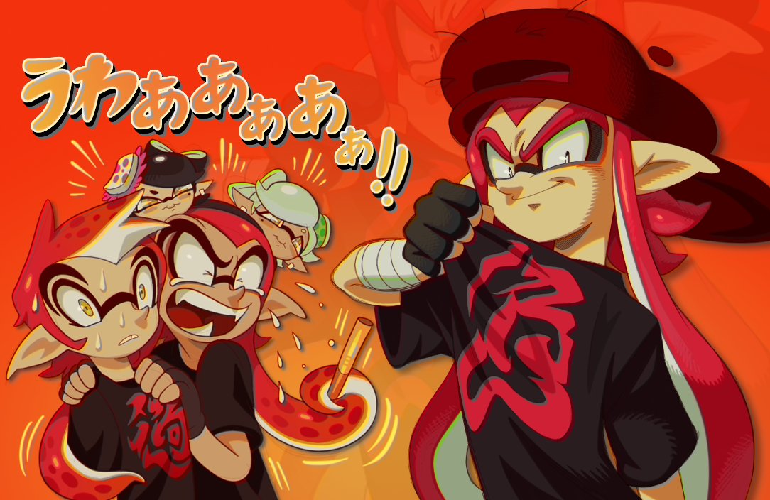 nintendo, splatoon (series), 1950s (style), closed mouth, crying, deformed, fangs, hat, inkling, pointy ears, prehensile hair, roachgore, smile, sweat, teeth, thick eyebrows