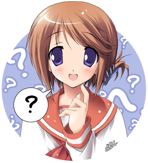 kantoku, komaki manaka, to heart (series), to heart 2, 00s, 1girl, ?, blue eyes, blush, brown hair, female focus, finger to mouth, folded ponytail, long sleeves, looking at viewer, open mouth, purple eyes, sailor collar, school uniform, shirt, short hair, signature, simple background, smile, solo, spoken question mark, white shirt
