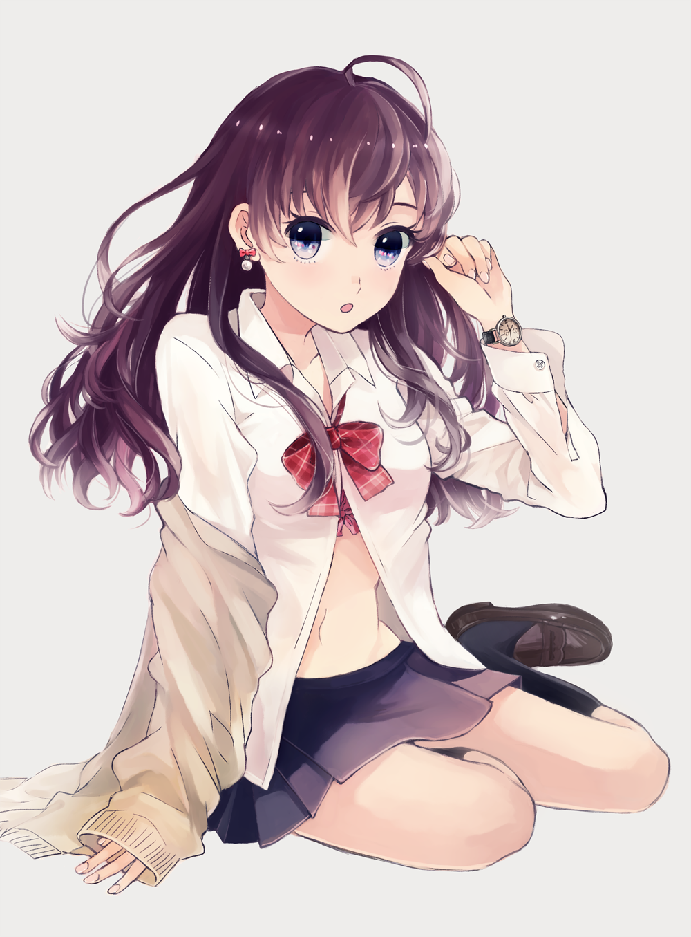 shibashino (skirtlifting), ichinose shiki, idolmaster, idolmaster cinderella girls, commentary request, highres, 1girl, :o, ahoge, black socks, bow, bow bra, bowtie, bra, bra peek, brown cardigan, brown shoes, cardigan, cardigan partially removed, collared shirt, fingernails, full body, hair between eyes, hand up, kneehighs, long hair, long sleeves, looking at viewer, miniskirt, navel, open clothes, open shirt, parted lips, pink bra, plaid bow, plaid bowtie, plaid clothes, pleated skirt, purple eyes, purple hair, purple skirt, red bow, red bowtie, school uniform, shirt, shoes, simple background, sitting, skirt, socks, solo, underwear, watch, white background, white shirt, wing collar, wristwatch, yokozuwari