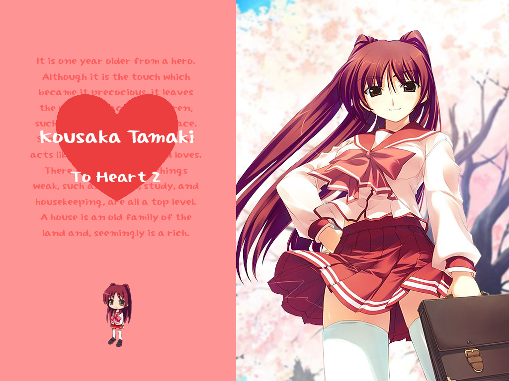 kousaka tamaki, to heart (series), to heart 2, 00s, 1girl, bag, blue sky, blush, character name, cherry blossoms, copyright name, hand on own hip, holding, long hair, long sleeves, looking at viewer, multiple views, pleated skirt, red eyes, red hair, red skirt, sailor collar, school bag, shirt, skirt, sky, smile, standing, thighhighs, very long hair, white shirt, zettai ryouiki
