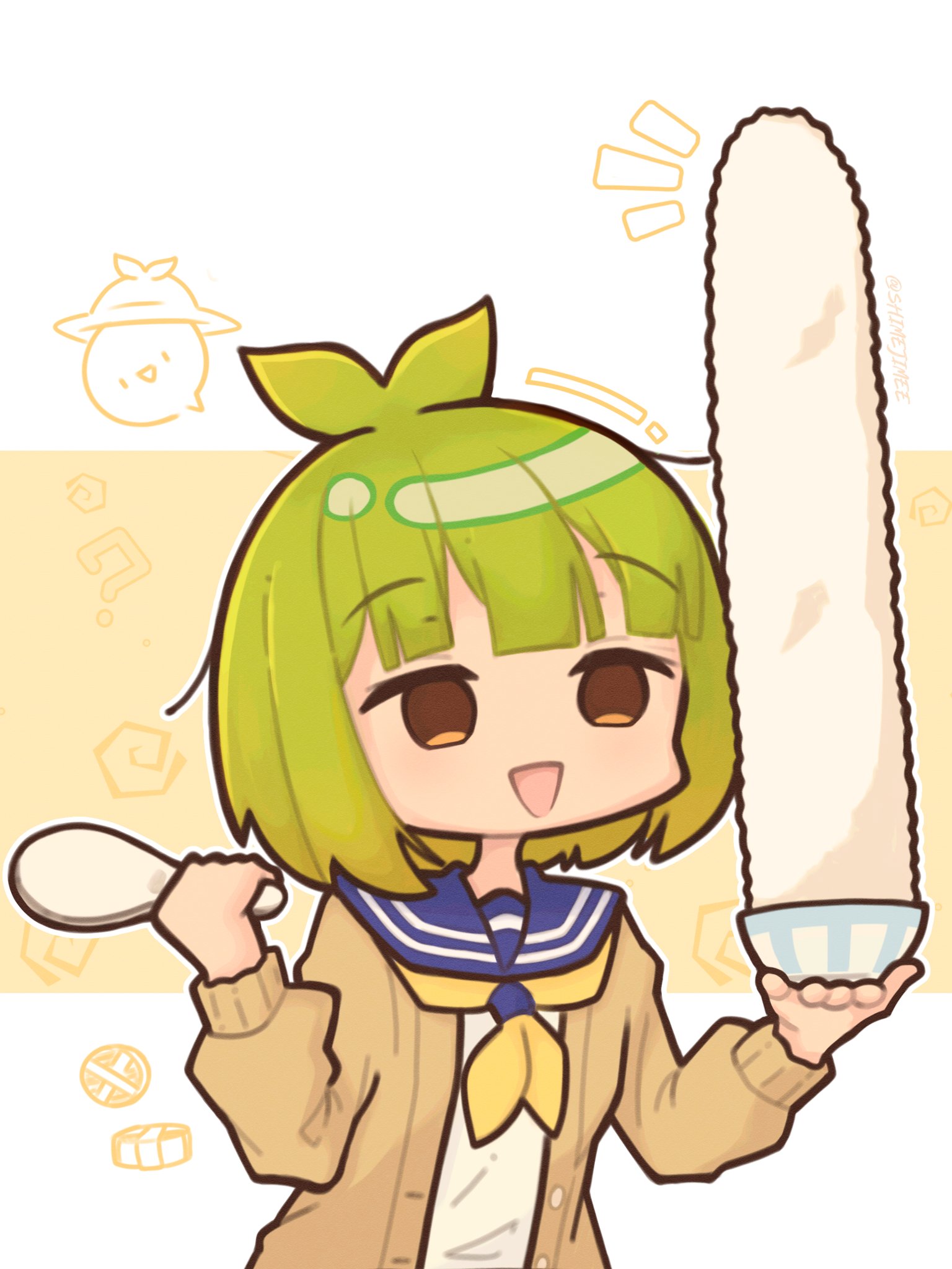 shimejimee, bashame meme, shikanoko nokonoko koshitantan, commentary, english commentary, highres, 1girl, antenna hair, blue sailor collar, bowl, brown eyes, brown jacket, buttons, green hair, holding, holding bowl, holding spoon, jacket, neckerchief, open mouth, outline, rice bowl, sailor collar, school uniform, shirt, short hair, smile, solo, spoon, triangle mouth, upper body, white outline, white shirt, yellow neckerchief