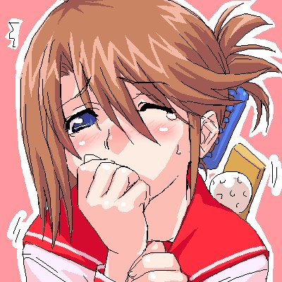 komaki manaka, to heart (series), to heart 2, lowres, 00s, 1girl, blue eyes, blush, brown hair, covering own mouth, female focus, folded ponytail, looking at viewer, one eye closed, portrait, sailor collar, school uniform, solo, tears, upper body, wince