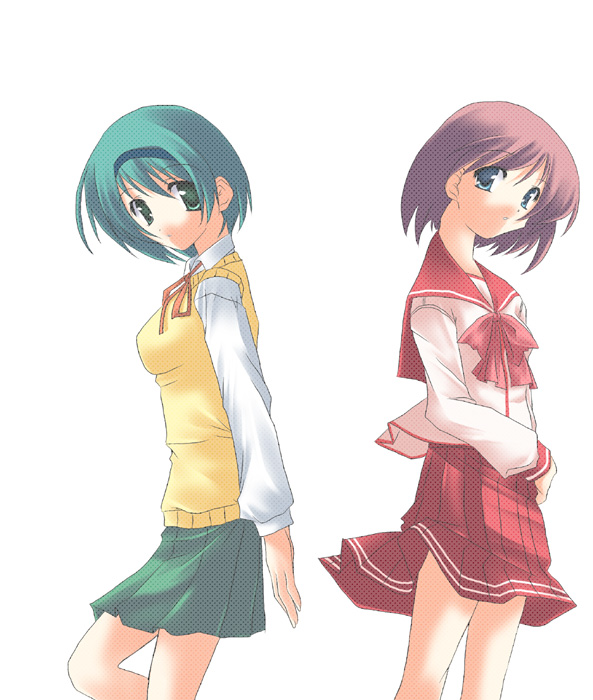 reona (to heart 2), yoshioka chie, to heart (series), to heart 2, 00s, 2girls, blue eyes, brown hair, green eyes, green hair, hairband, long sleeves, looking at viewer, multiple girls, pleated skirt, school uniform, serafuku, skirt, sweater vest