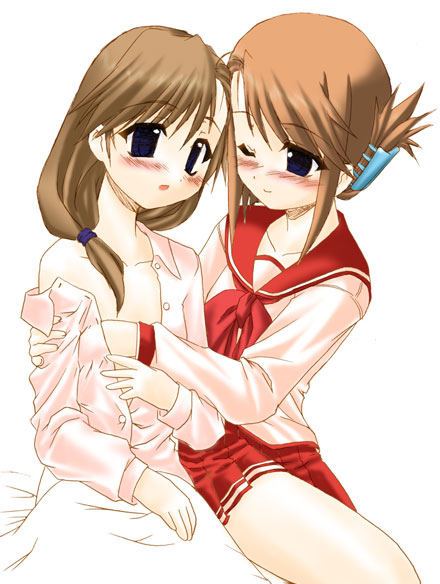 mizuna (water emp-tei), komaki ikuno, komaki manaka, to heart (series), to heart 2, 00s, 2girls, breasts, folded ponytail, grabbing another's breast, groping, incest, multiple girls, pleated skirt, school uniform, serafuku, skirt, small breasts, yuri