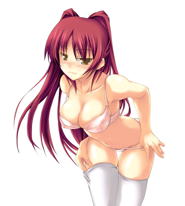 soba (saz), kousaka tamaki, to heart (series), to heart 2, 00s, 1girl, :3, blush, bra, breasts, brown eyes, cleavage, female focus, female pubic hair, leaning forward, lingerie, long hair, naughty face, navel, panties, panty pull, pink panties, pubic hair, red hair, solo, standing, thigh gap, thighhighs, thighs, underwear, underwear only, undressing, white thighhighs