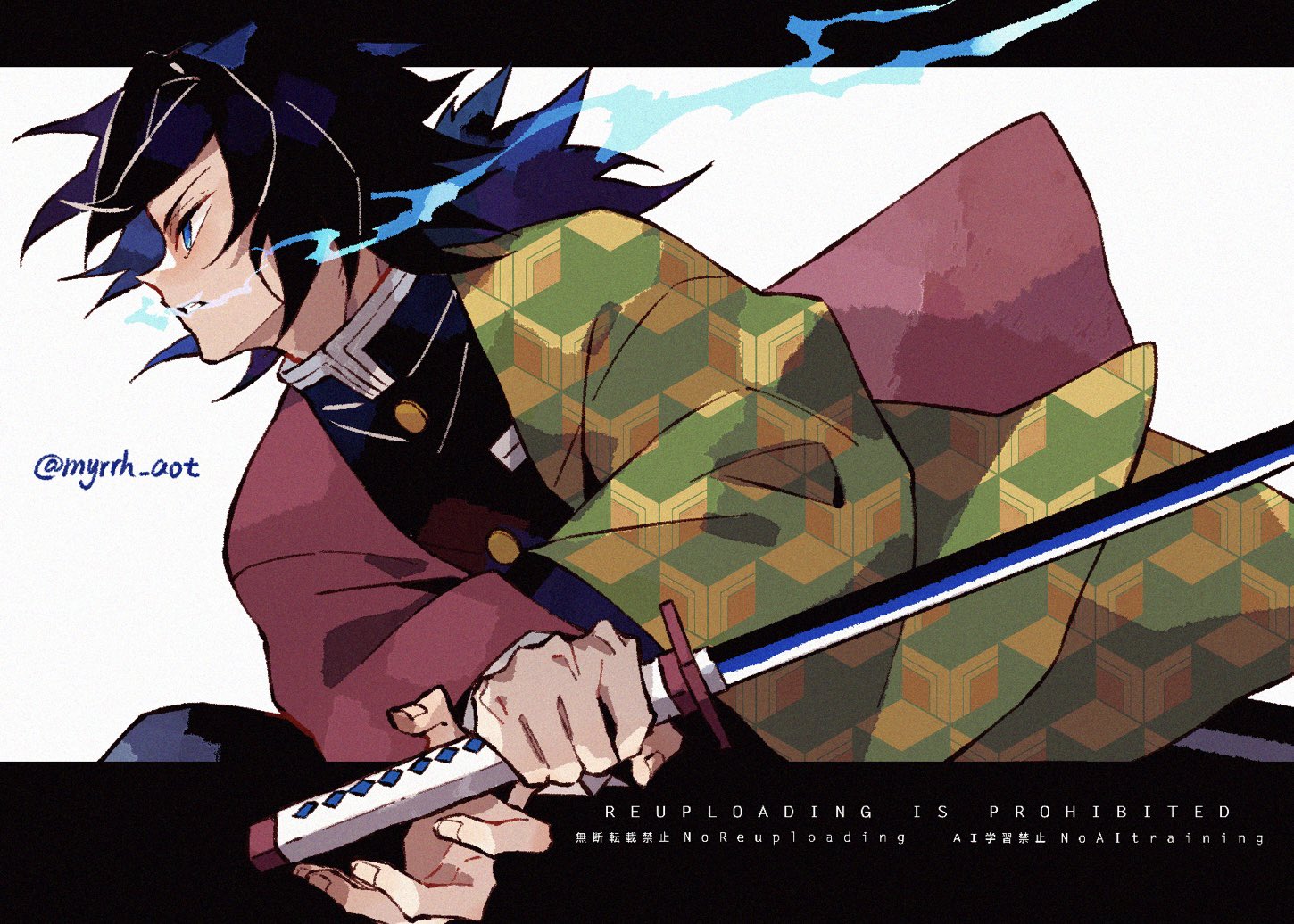 tomioka giyuu, kimetsu no yaiba, 1boy, black hair, black jacket, blue eyes, buttons, demon slayer uniform, empty eyes, english text, haori, holding, holding sword, holding weapon, jacket, japanese clothes, katana, letterboxed, long hair, low ponytail, male focus, myrrh aot, ponytail, profile, red haori, solo, spiked hair, sword, teeth, twitter username, watermark, weapon, white background