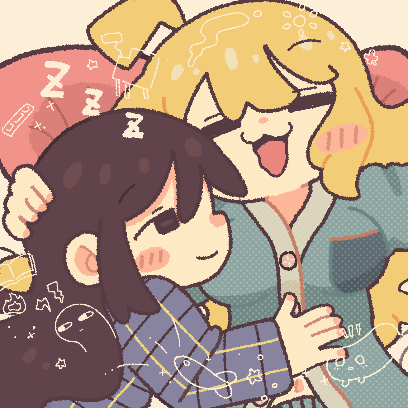 hishimatope, chito (shoujo shuumatsu ryokou), nuko (shoujo shuumatsu ryokou), yuuri (shoujo shuumatsu ryokou), shoujo shuumatsu ryokou, highres, 2girls, :3, = =, ahoge, alternate costume, black eyes, black hair, blonde hair, blush, breasts, closed mouth, hair down, large breasts, long hair, lying, multiple girls, on back, open mouth, pajamas, sidelocks, smile, yuri, zzz