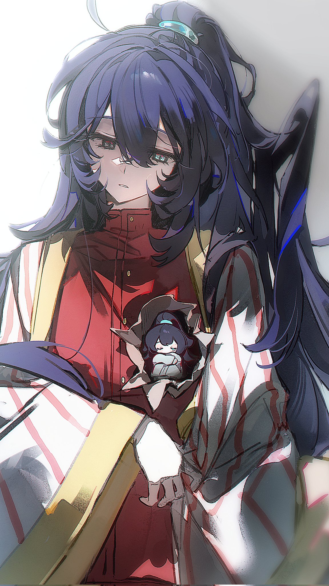hong lu (project moon), limbus company, project moon, highres, 1boy, 66167e3d, black eyes, black hair, blue eyes, chinese clothes, coat, e.g.o (project moon), grey background, hanfu, heterochromia, high ponytail, land of illusion (e.g.o), long hair, long sleeves, looking at viewer, male focus, ponytail, red shirt, shirt, simple background, solo, striped coat, upper body, very long hair, white coat, white hanfu
